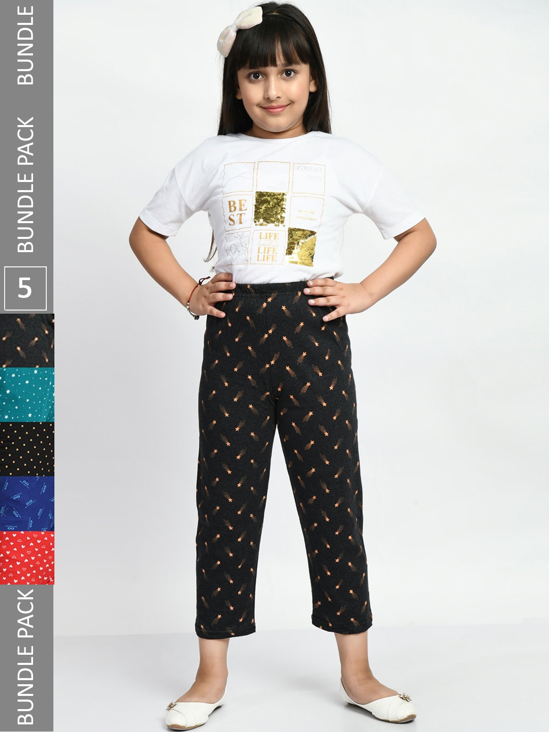 

BAESD Girls Pack Of 5 Printed Pure Cotton Lounge Pants, Black