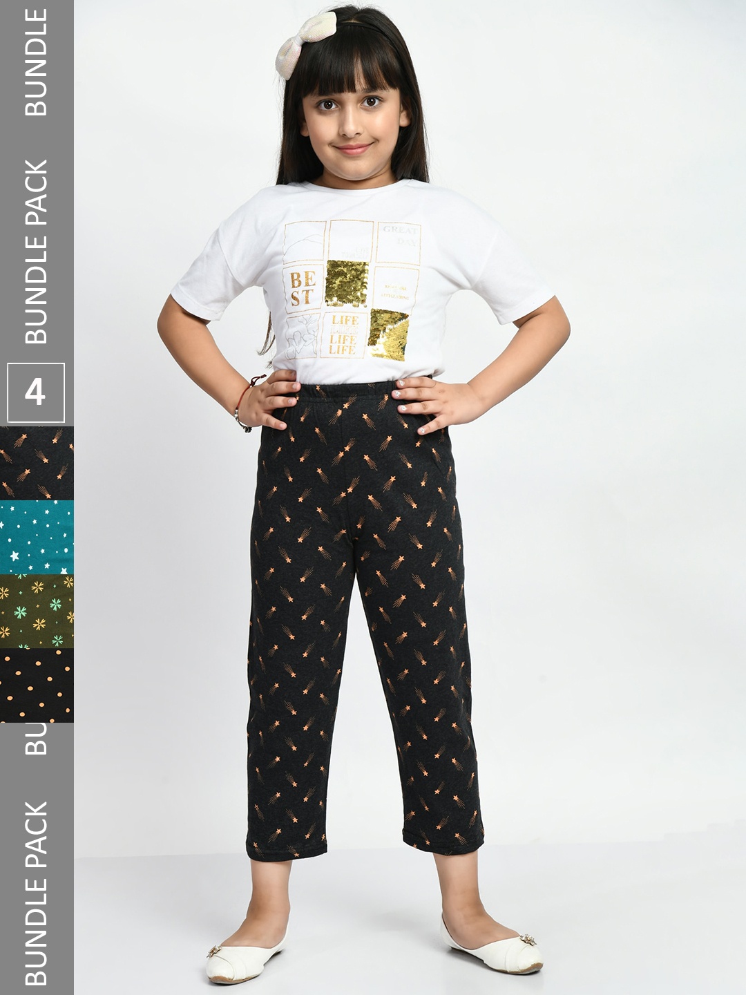 

BAESD Girls Pack Of 4 Conversational Printed Pure Cotton Lounge Pants, Teal