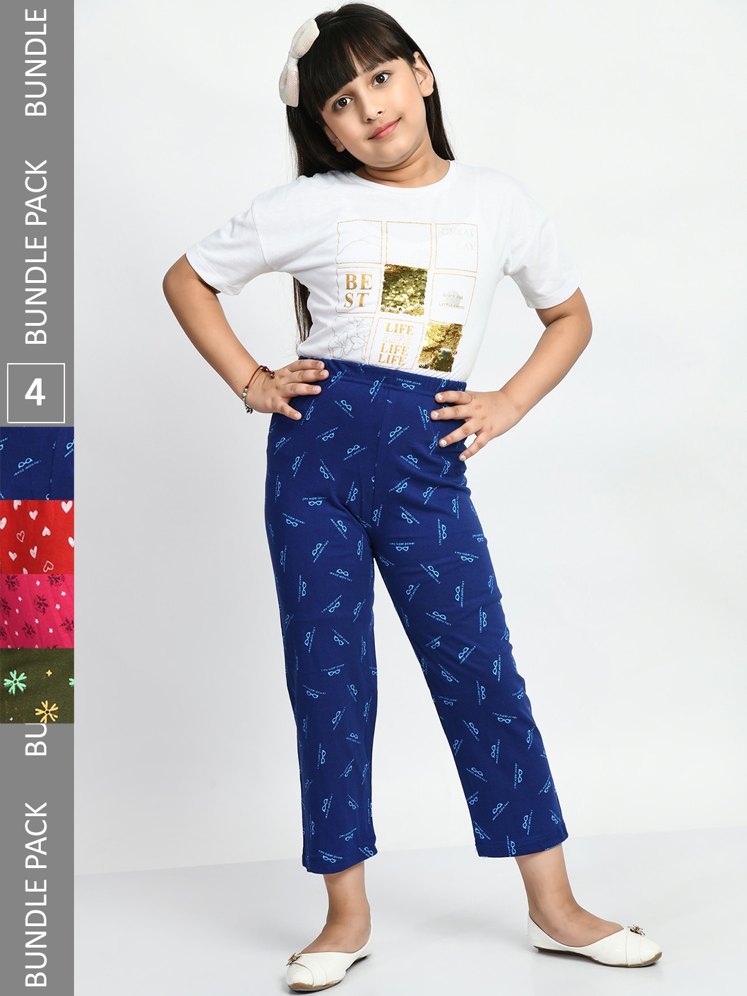 

BAESD Girls Pack Of 4 Conversational Printed Pure Cotton Lounge Pants, Blue