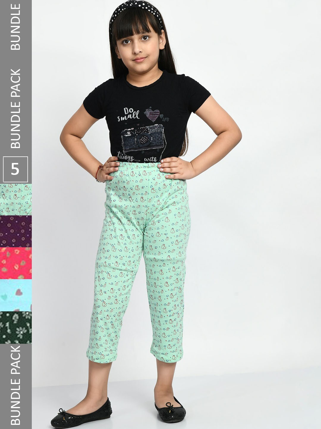 

BAESD Girls Pack Of 5 Printed Cotton Lounge Pants, Green