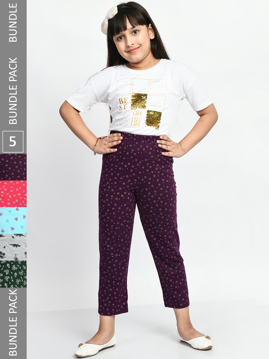 

BAESD Girls Set Of 5 Printed Cotton Lounge Pants, Multi