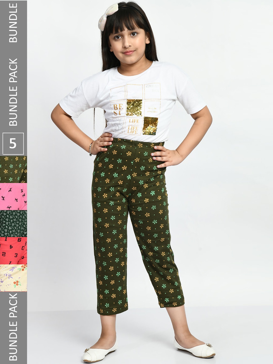 

BAESD Girls Pack Of 5 Printed Pure Cotton Lounge Pants, Olive