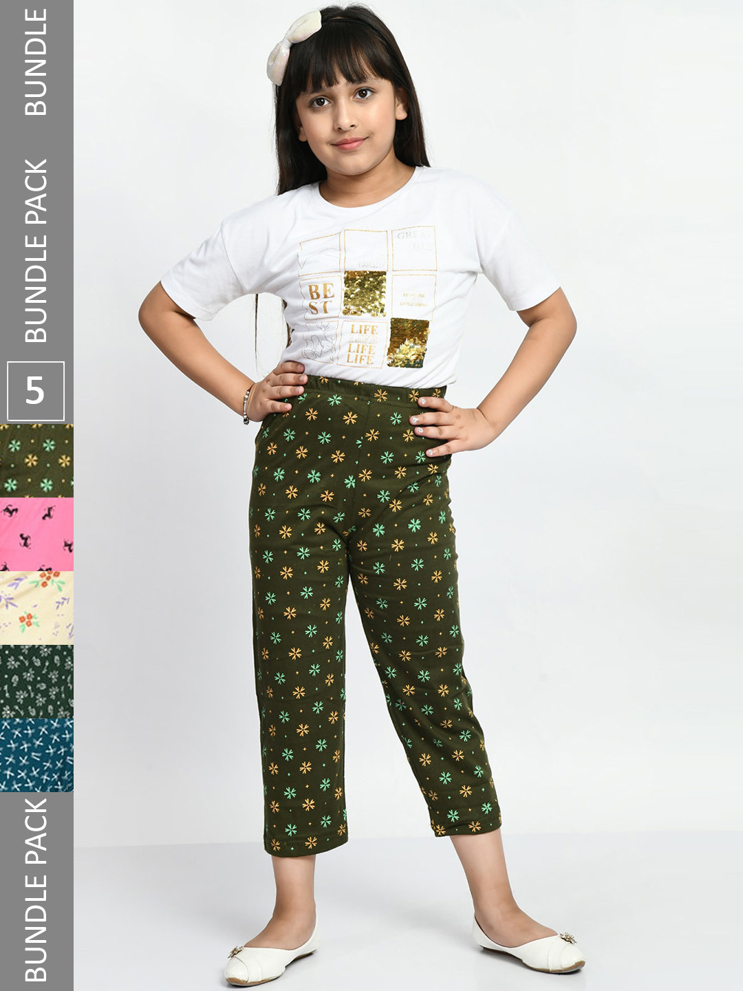 

BAESD Girls Pack Of 5 Printed Pure Cotton Lounge Pants, Green