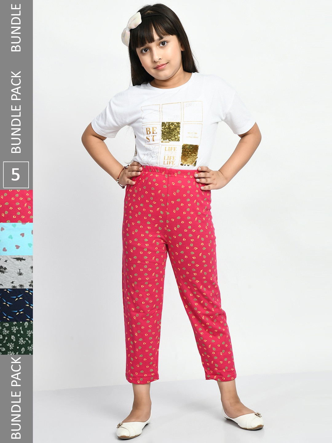 

BAESD Girls Pack Of 5 Conversatioanl Printed Pure Cotton Lounge Pants, Red