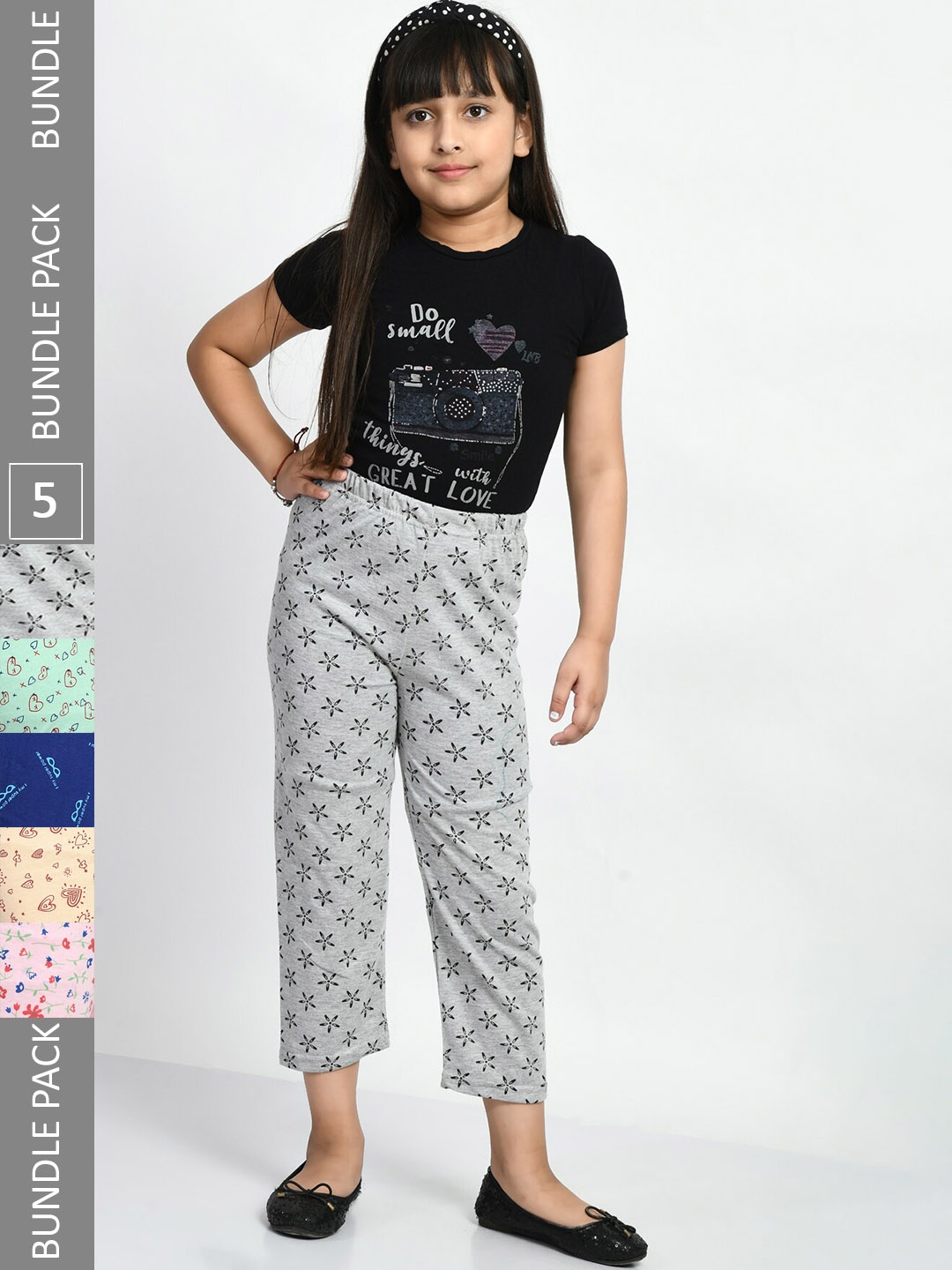 

BAESD Girls Pack Of 5 Printed Pure Cotton Lounge Pants, Grey