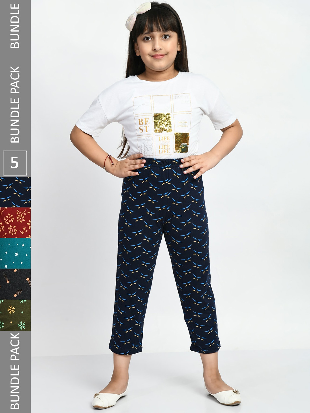 

BAESD Girls Pack Of 5 Printed Pure Cotton Lounge Pants, Navy blue