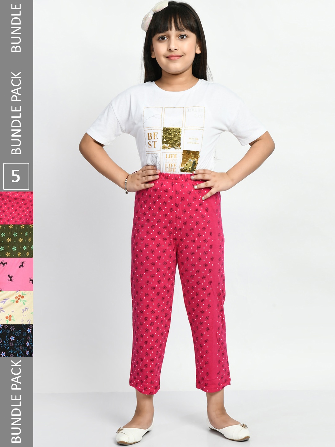 

BAESD Girls Pack of 5 Printed Pure Cotton Lounge Pants, Pink
