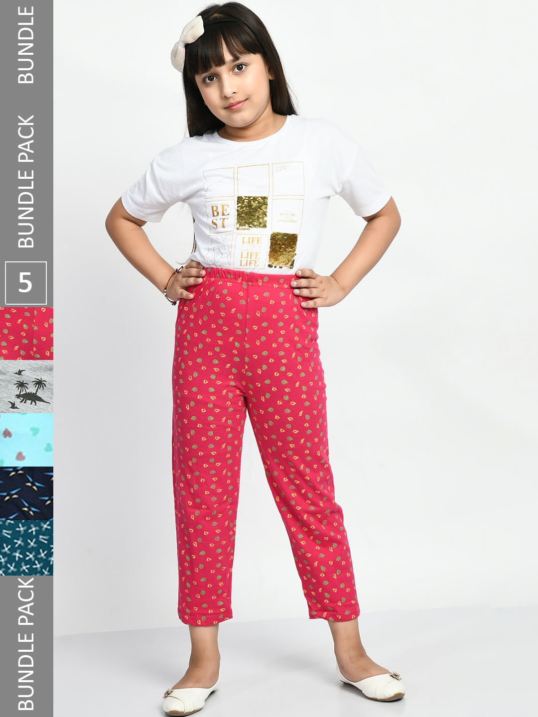 

BAESD Girls Pack Of 5 Printed Pure Cotton Lounge Pants, Pink