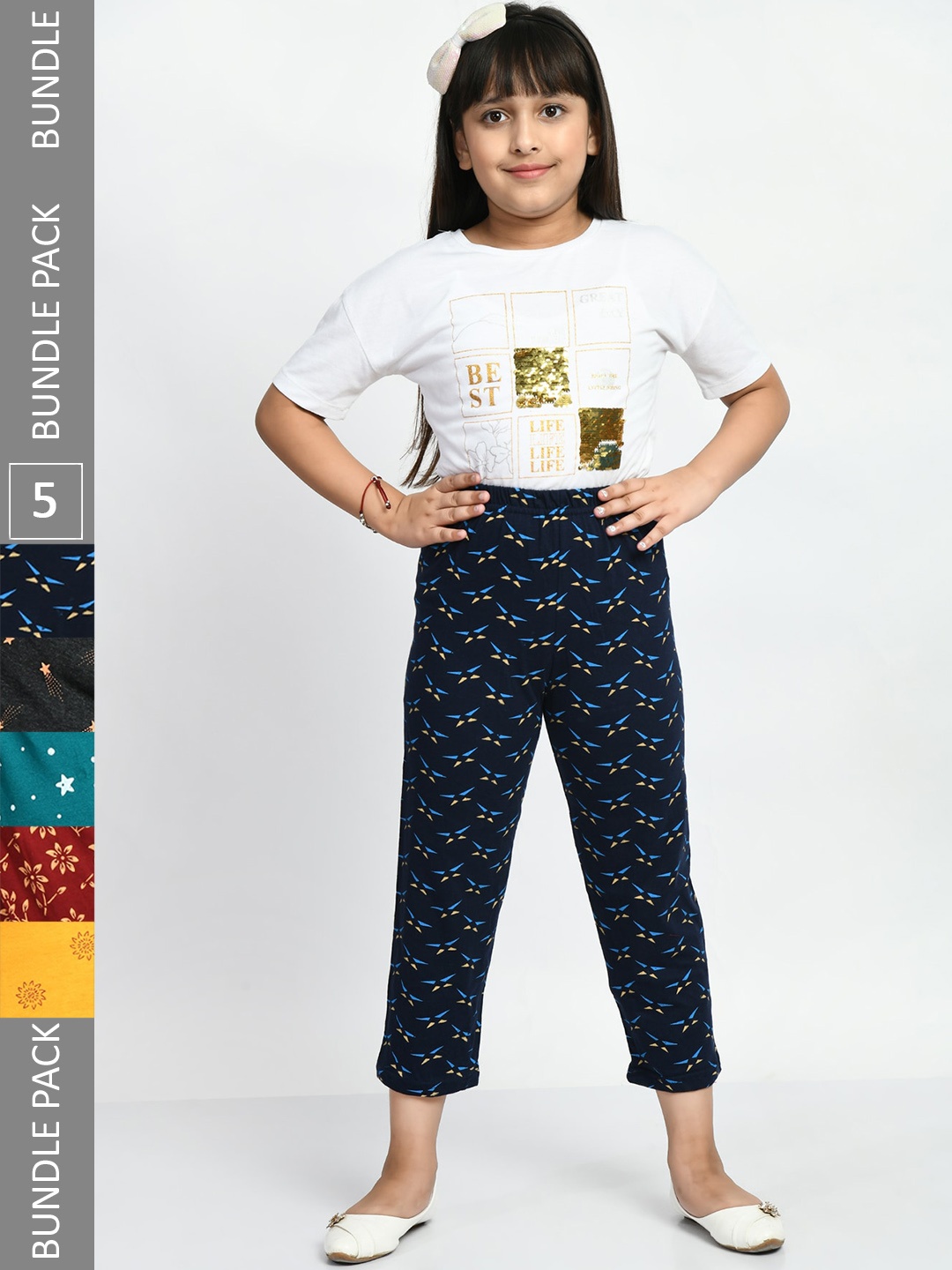 

BAESD Girls Pack Of 5 Printed Cotton Lounge Pants, Navy blue