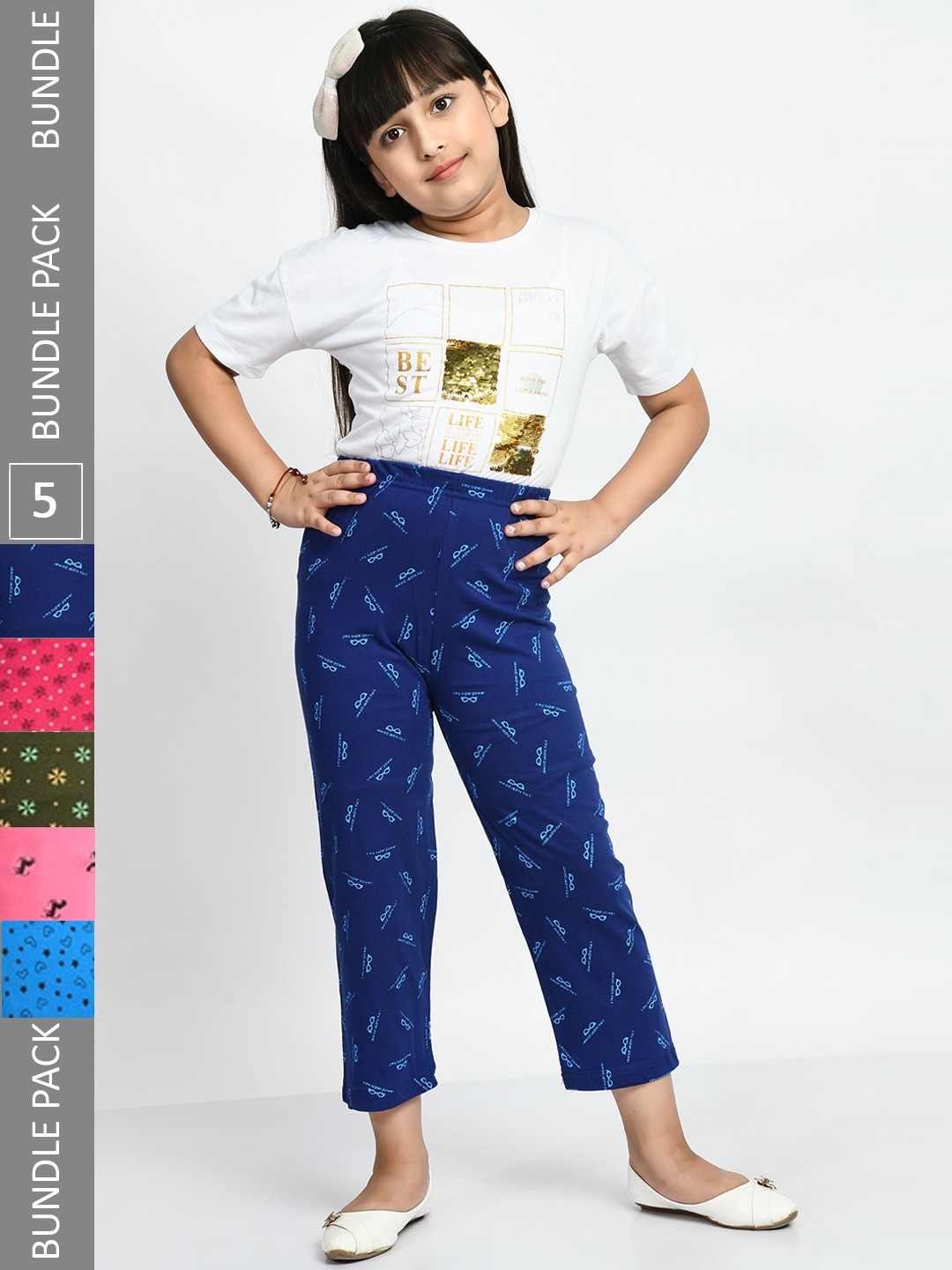 

BAESD Girls Pack Of 5 Printed Cotton Lounge Pants, Blue