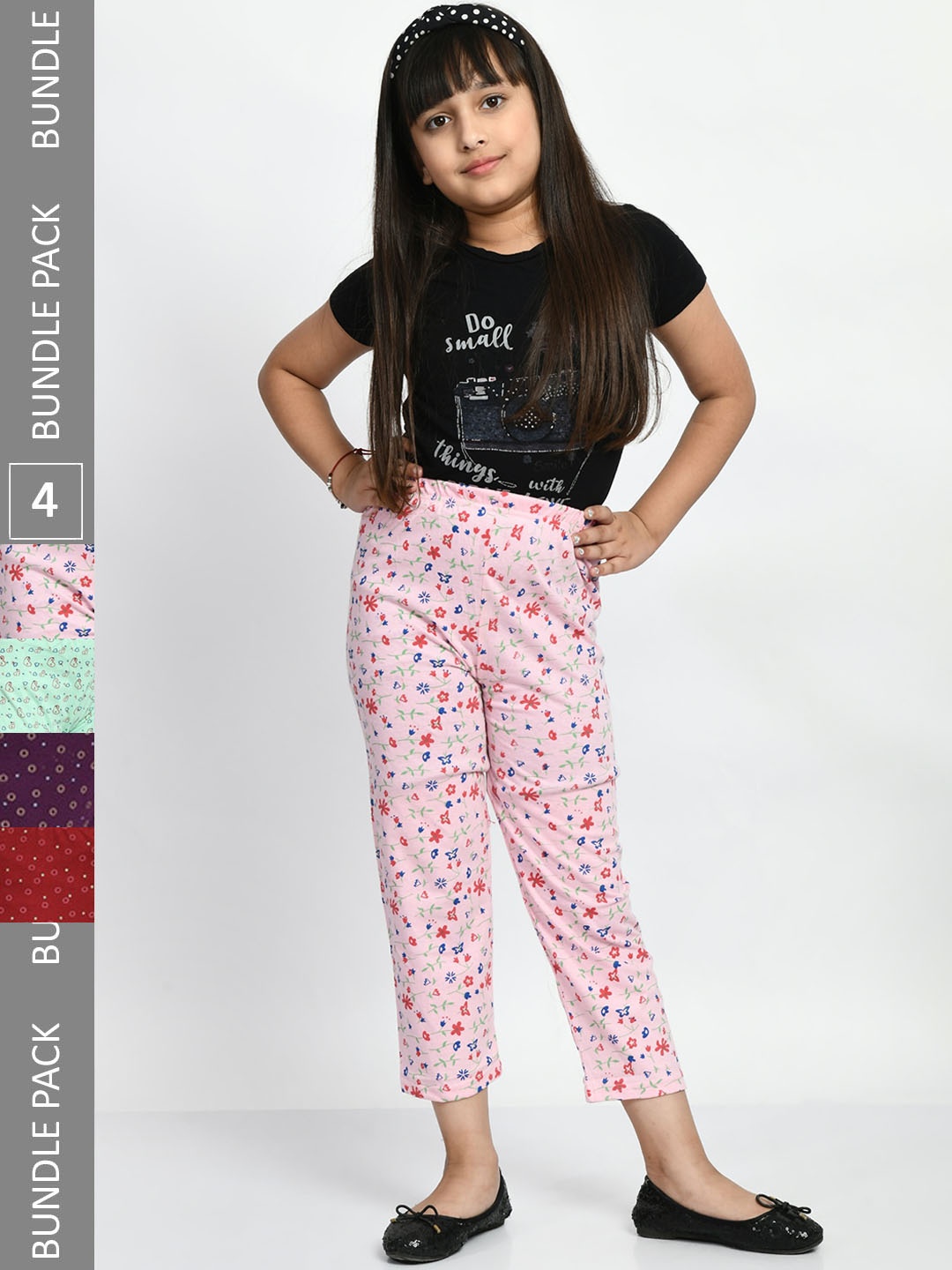 

BAESD Girls Pack Of 4 Printed Pure Cotton Mid-Rise Lounge Pants, Pink