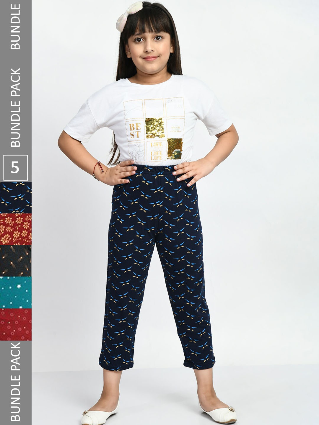 

BAESD Girls Pack Of 5 Printed Pure Cotton Lounge Pants, Navy blue