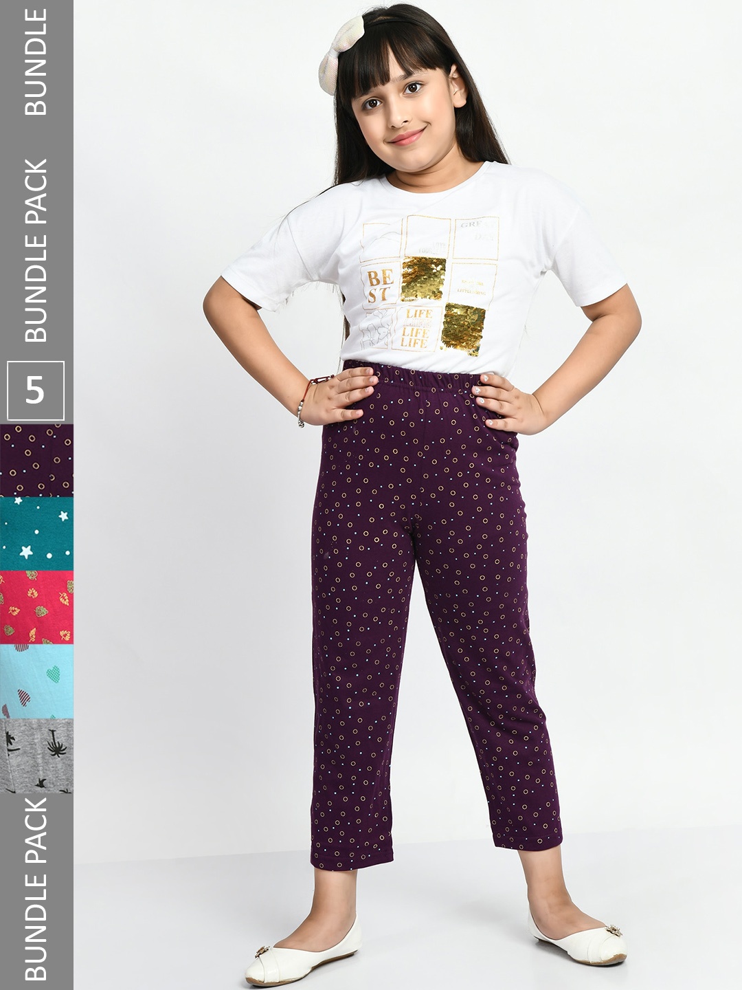 

BAESD Girls Pack Of 5 Printed Pure Cotton Lounge Pants, Purple