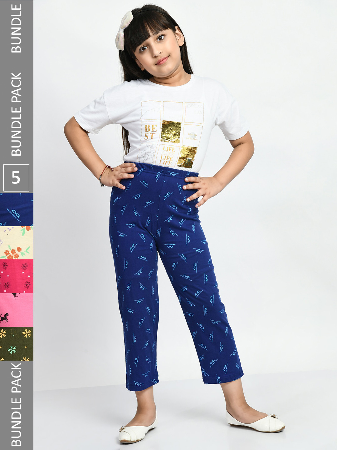 

BAESD Girls Pack Of 5 Printed Pure Cotton Lounge Pants, Blue