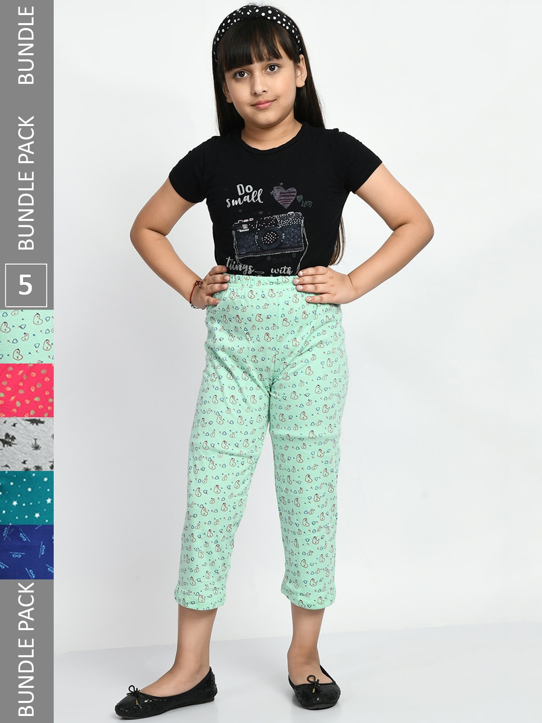 

BAESD Girls Pack Of 5 Printed Pure Cotton Lounge Pants, Sea green