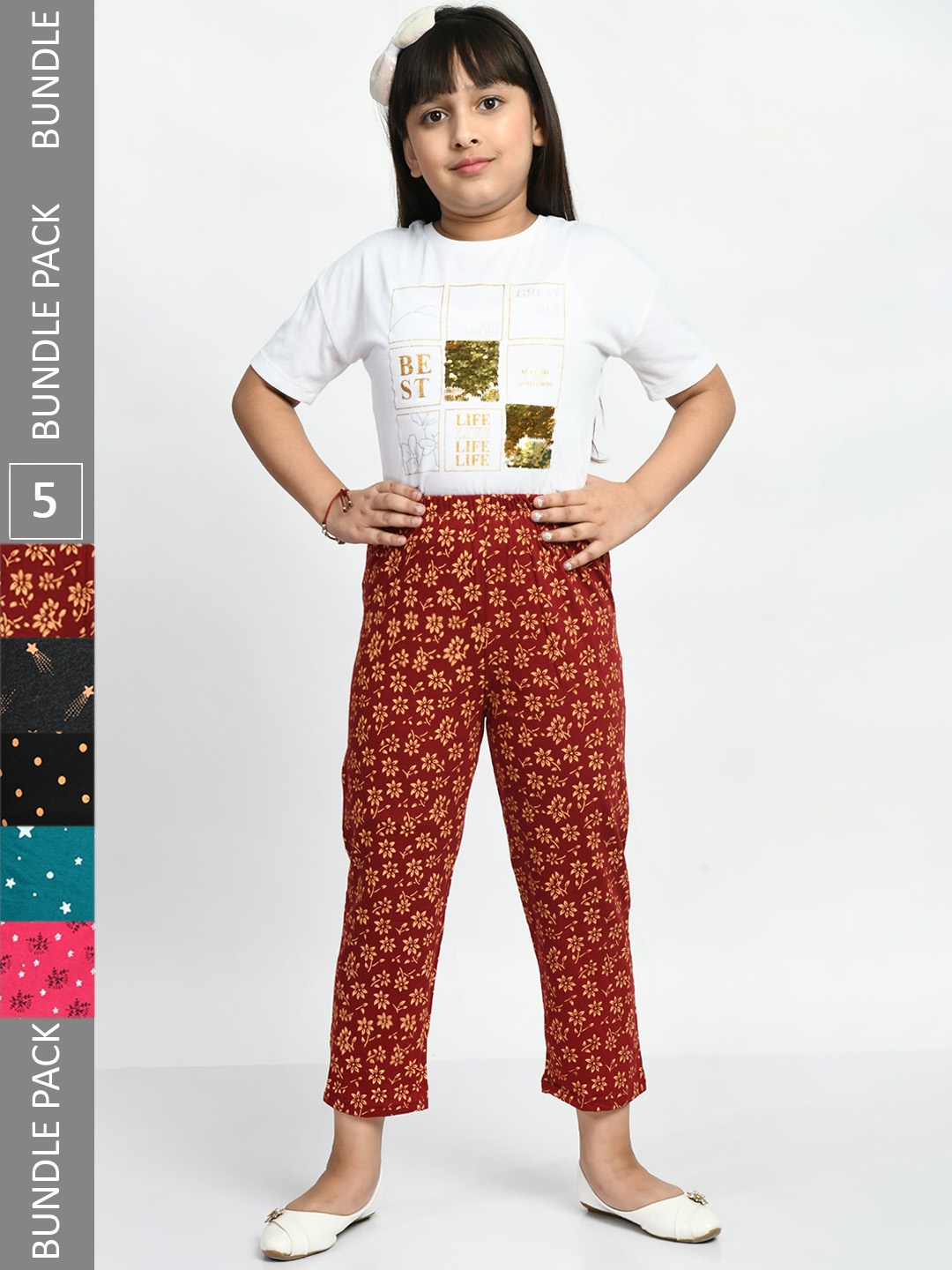 

BAESD Girls Pack Of 5 Printed Pure Cotton Mid-Rise Lounge Pants, Maroon