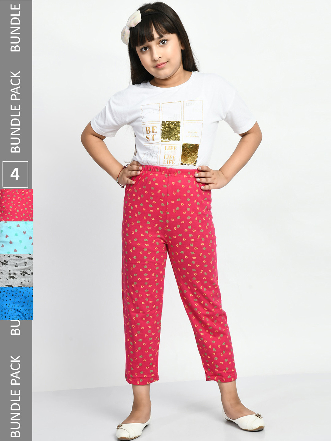 

BAESD Girls Pack Of 4 Printed Pure Cotton Lounge Pants, Red