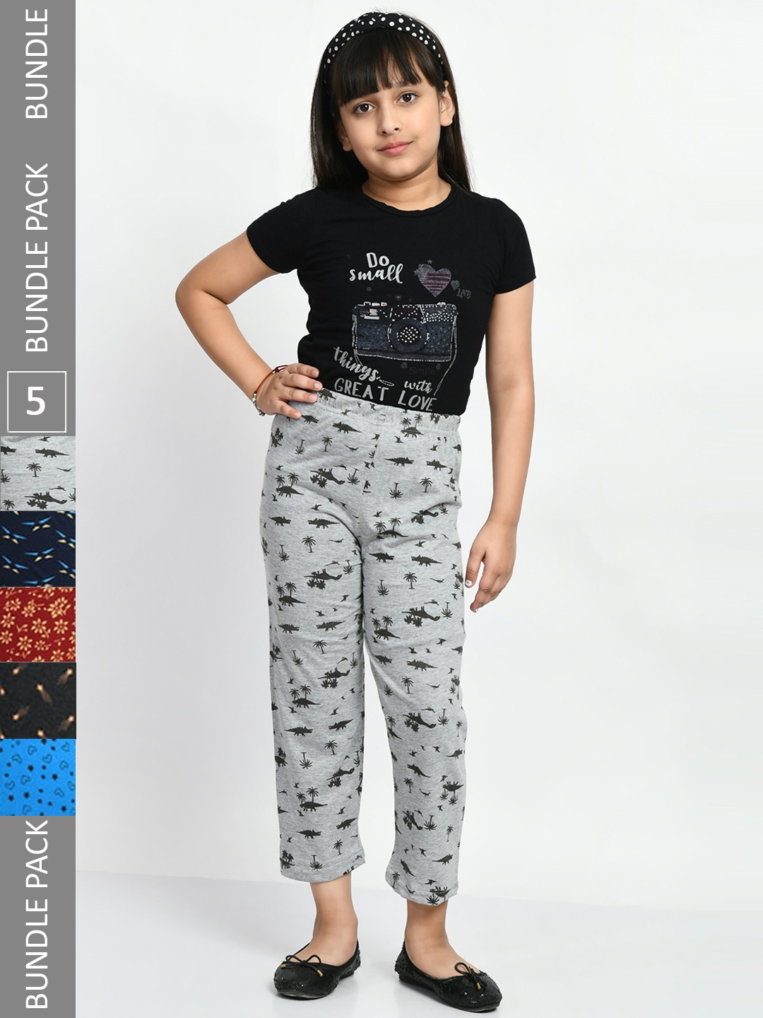 

BAESD Girls Set Of 5 Printed Cotton Lounge Pants, Grey