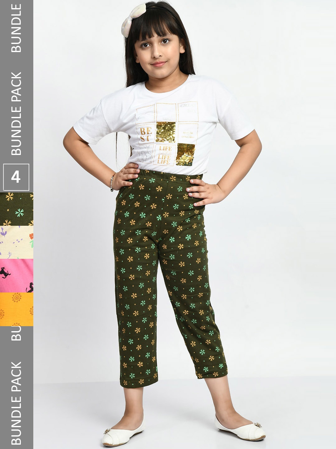 

BAESD Girls Pack Of 4 Printed Pure Cotton Lounge Pants, Olive