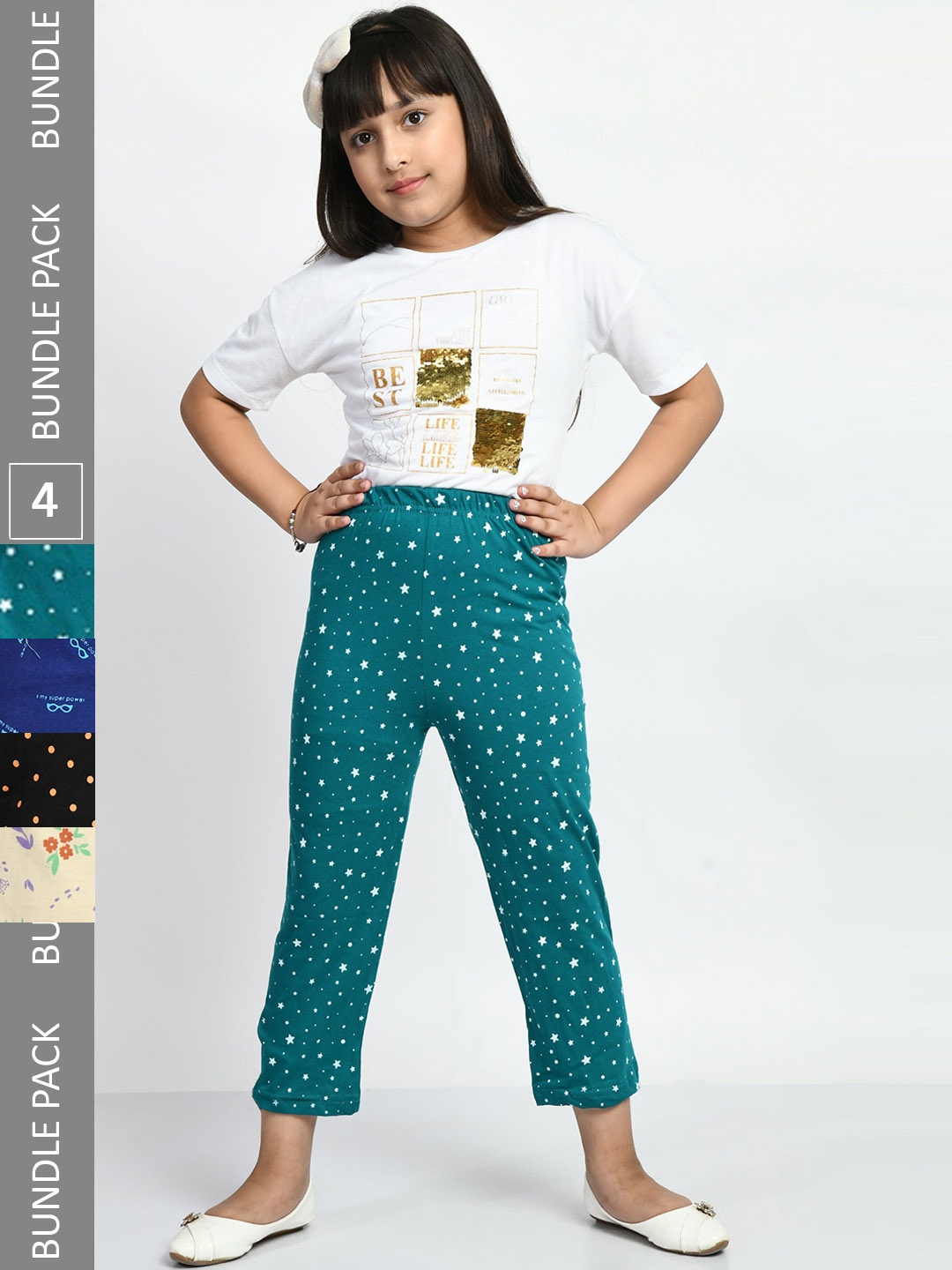 

BAESD Girls Pack Of 4 Printed Pure Cotton Lounge Pants, Green