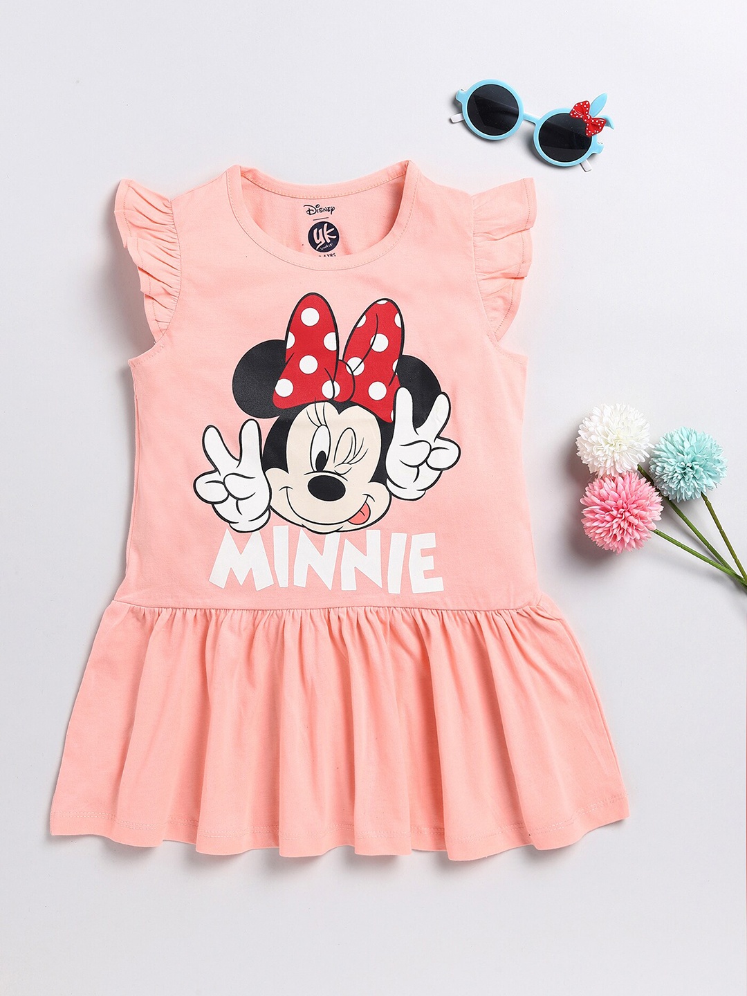 

YK Disney Girls Minnie Mouse Printed Drop-Waist Cotton Dress, Peach