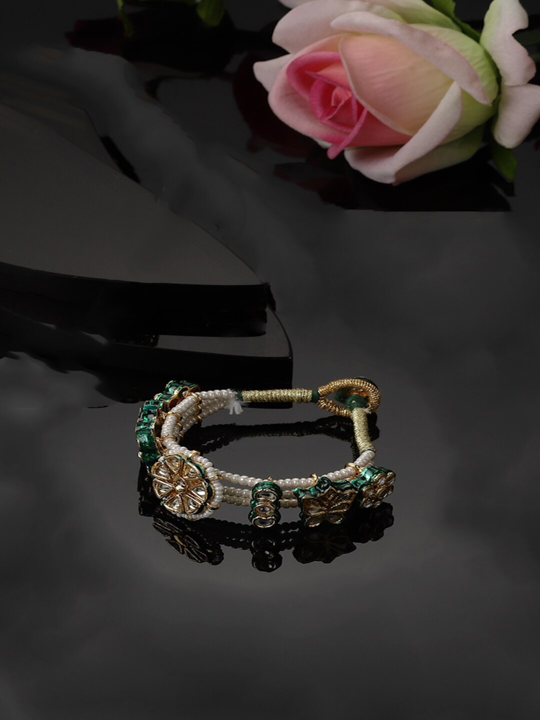 

DUGRISTYLE Gold-Plated Kundan & Pearls Multistrand Bracelet