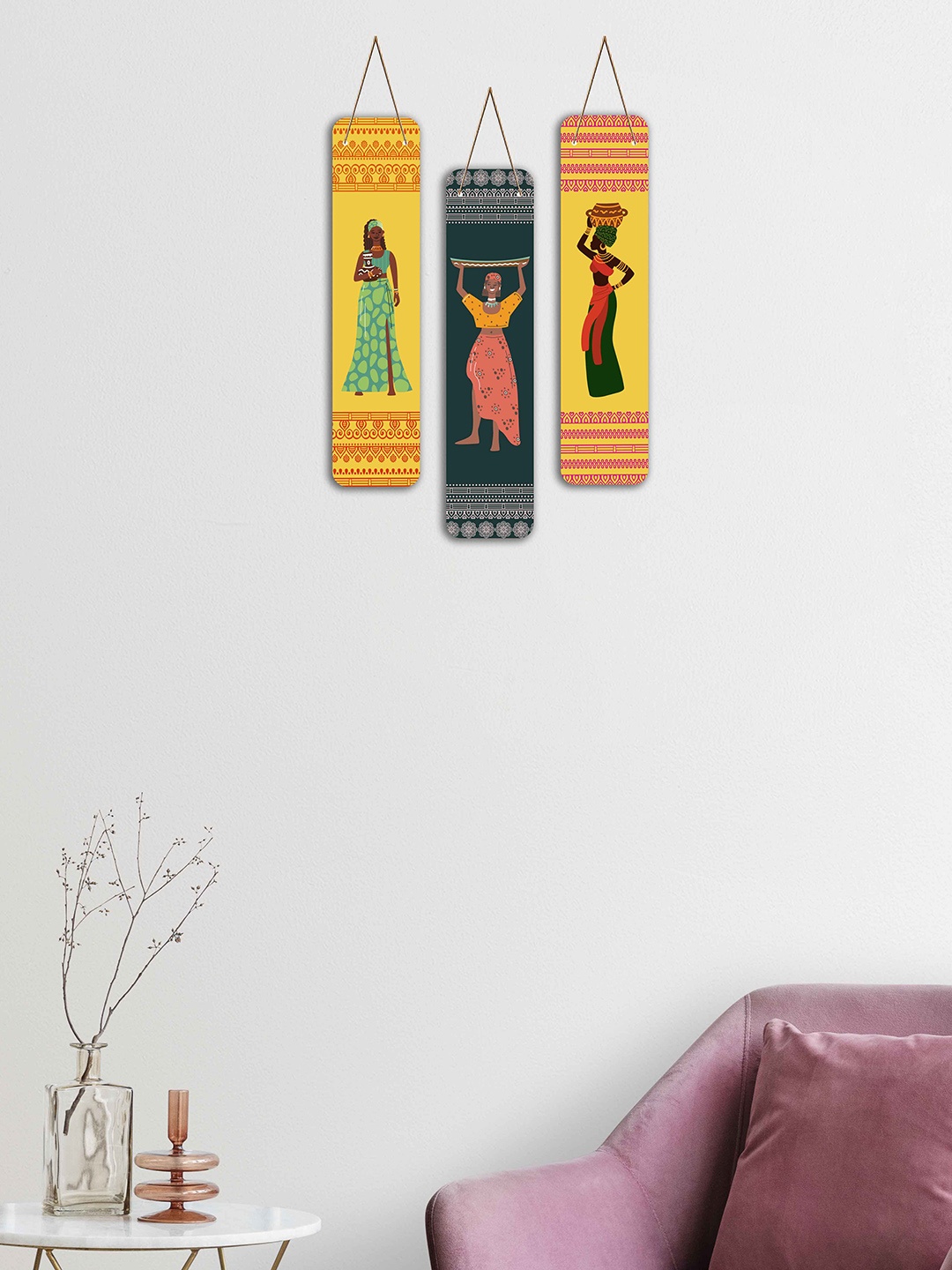 

SAF Yellow & Green 3 Pieces African Woman Art Printed MDF Pine Wooden Wall Hangings