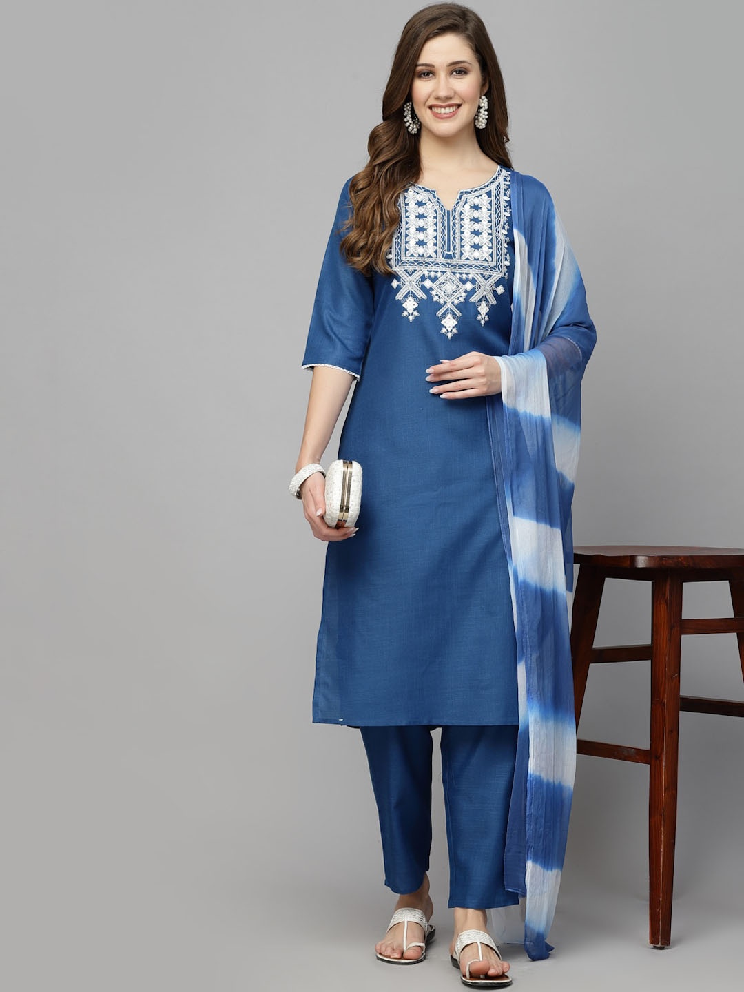 

Stylum Navy Blue & White Ethnic Embroidered Mirror Work Kurta with Trousers & Dupatta