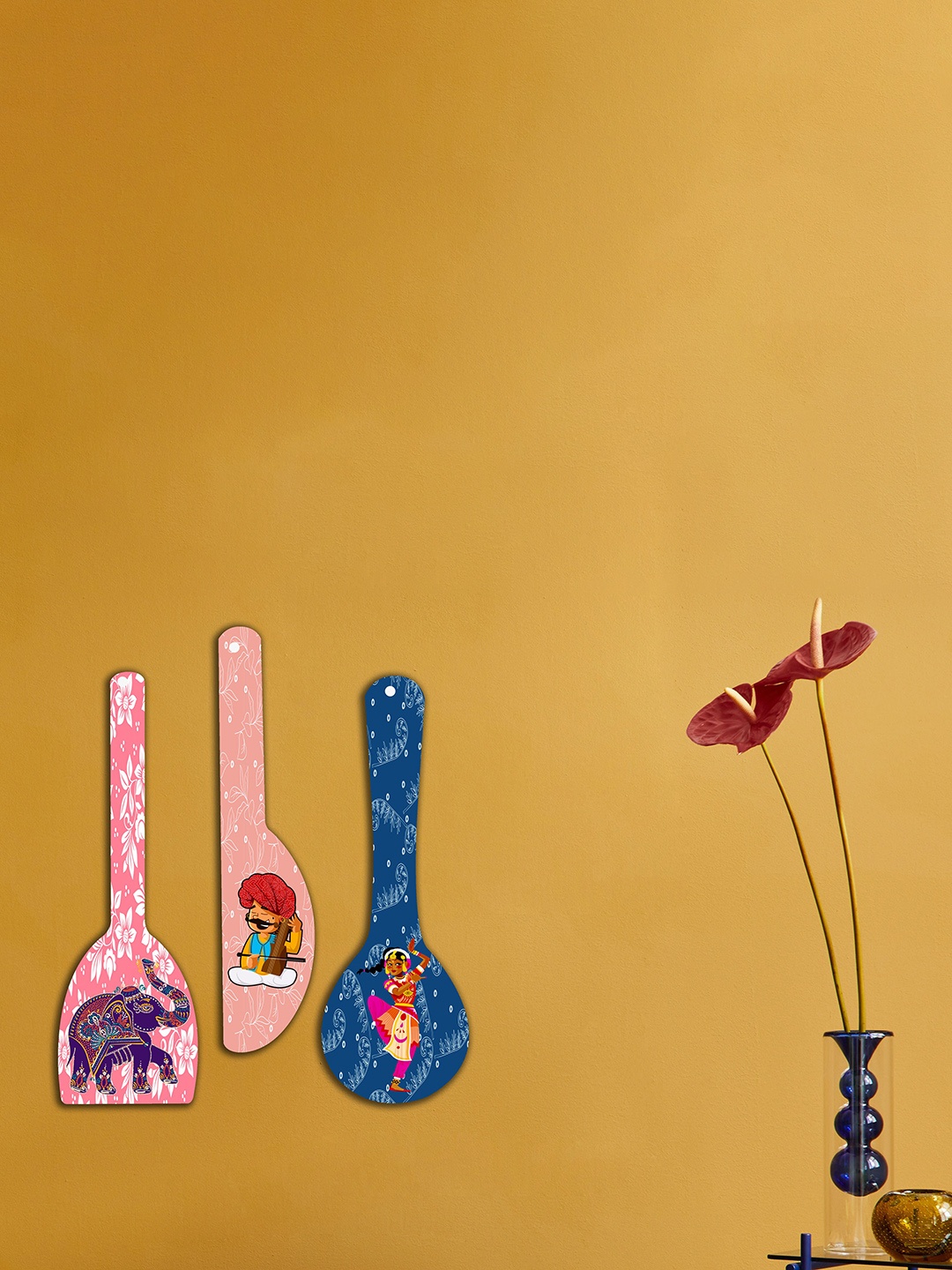 

SAF Pink & Blue 3 Pcs Rajasthani Art Printed Spoon Shaped MDF Pine Wooden Wall Hangings