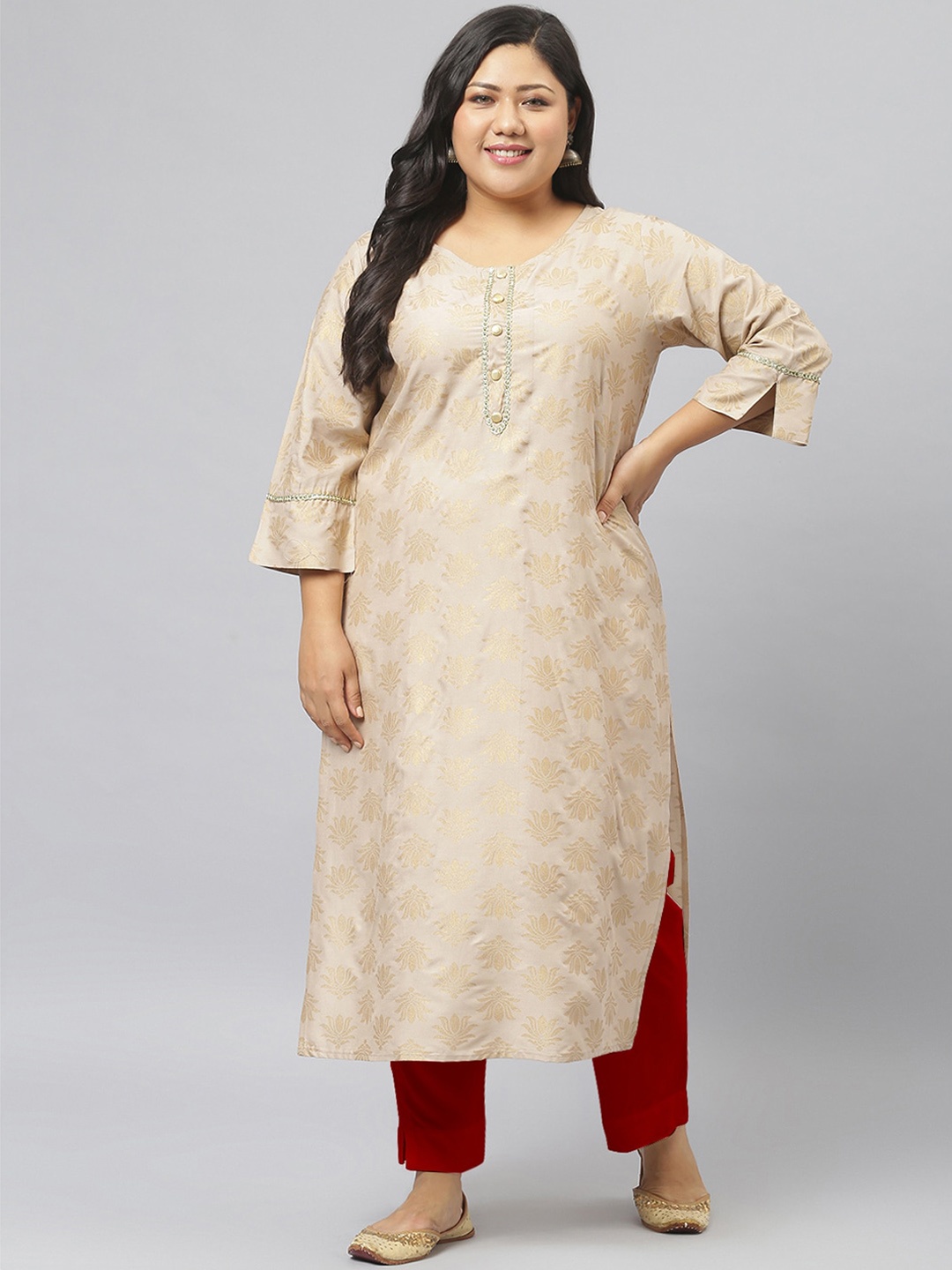 

Stylum Plus Size Floral Printed Straight Kurta, Beige