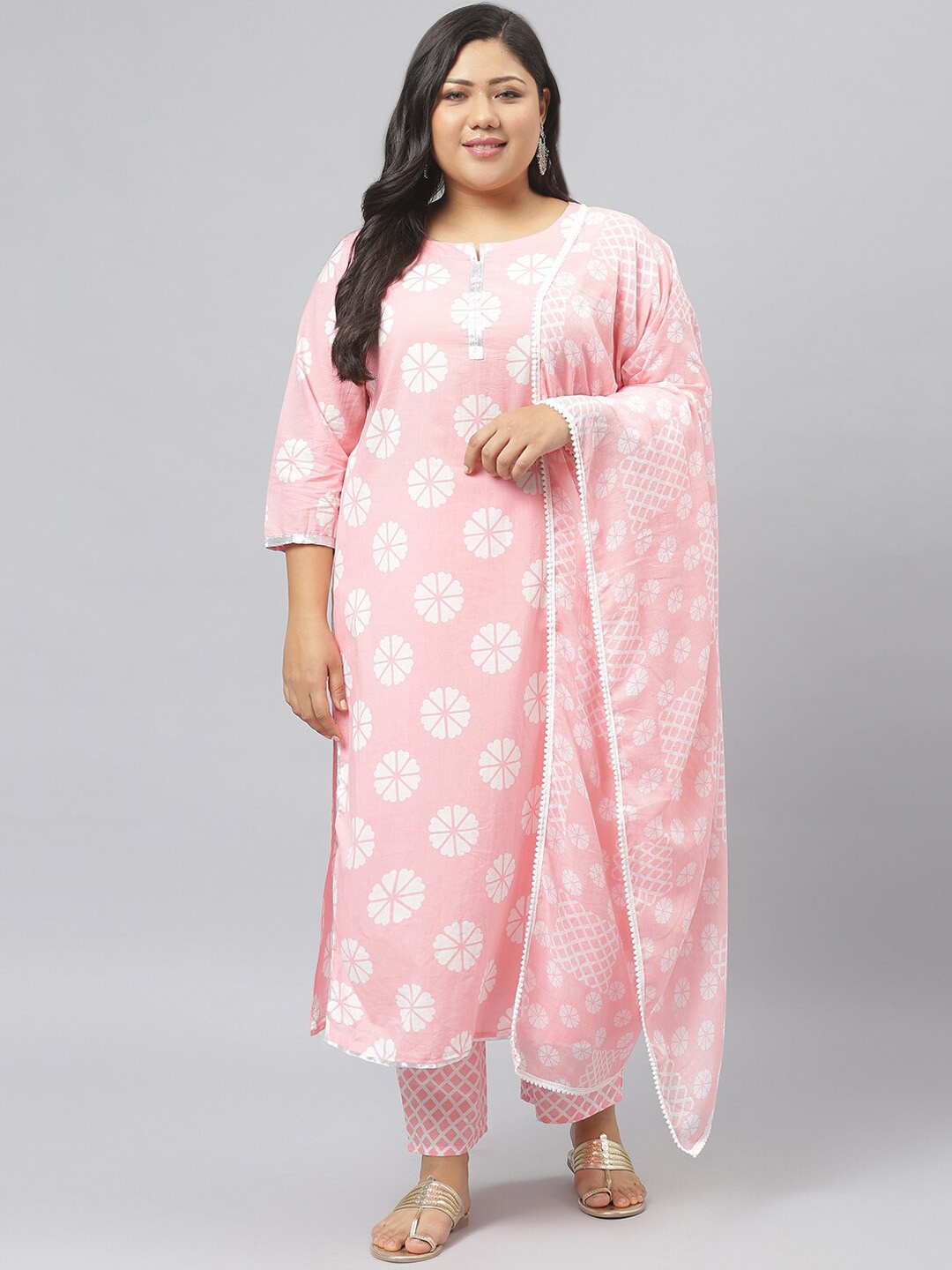 

Stylum Plus Size Pink Printed Gotta Patti Pure Cotton Kurta with Trousers & Dupatta