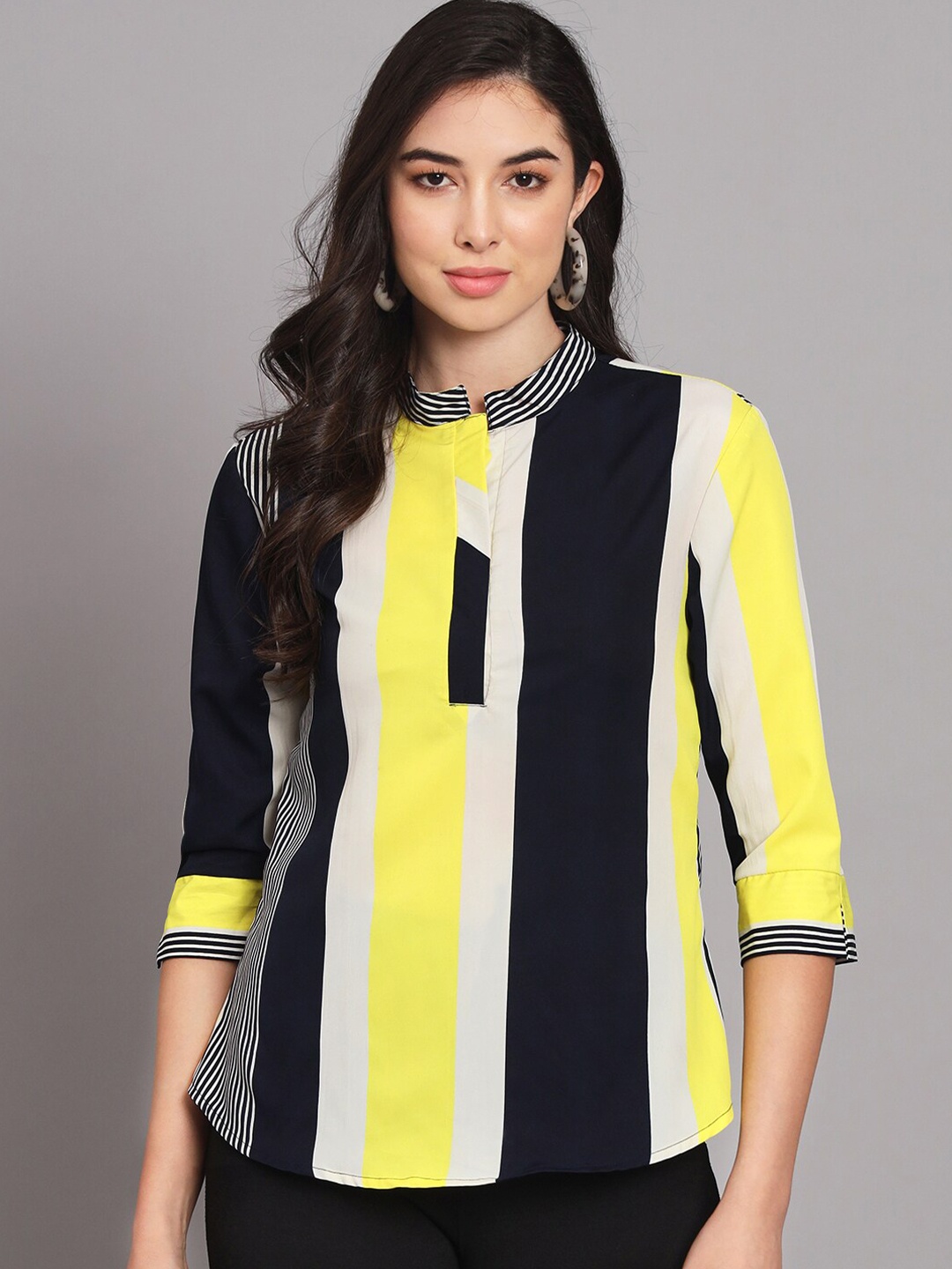 

VAARARO Striped Mandarin Collar Shirt Style Top, Yellow