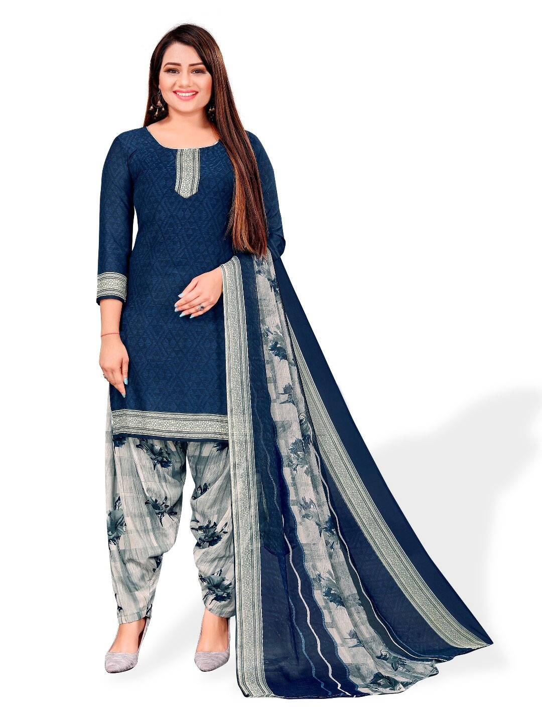 

INDIAN HERITAGE Geometric Printed Unstitched Dress Material, Blue