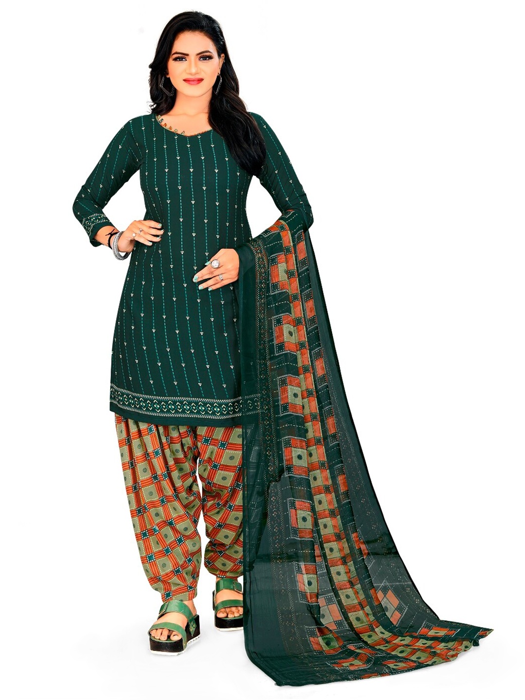 

INDIAN HERITAGE Printed Unstitched Dress Material, Green