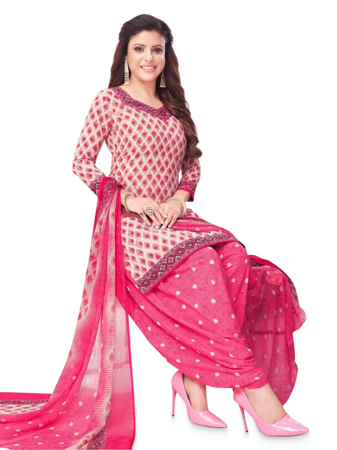 

INDIAN HERITAGE Ethnic Printed Unstitched Dress Material, Pink