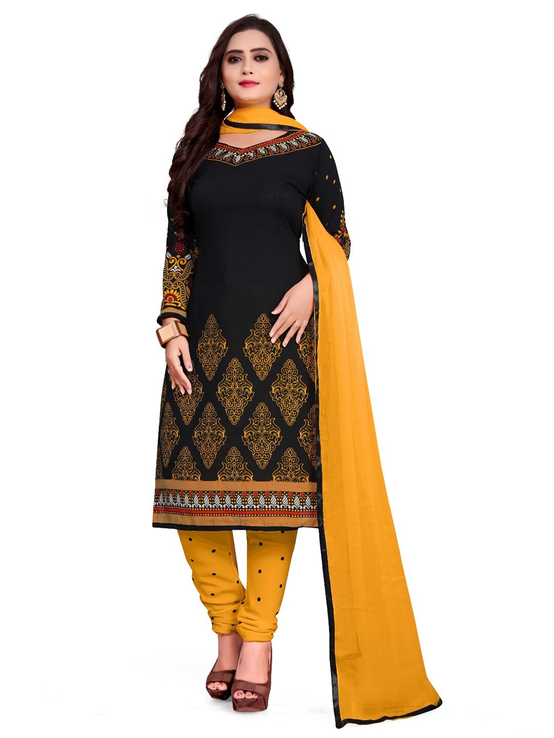 

INDIAN HERITAGE Ethnic Motifs Printed Unstitched Patiyala Dress Material, Black