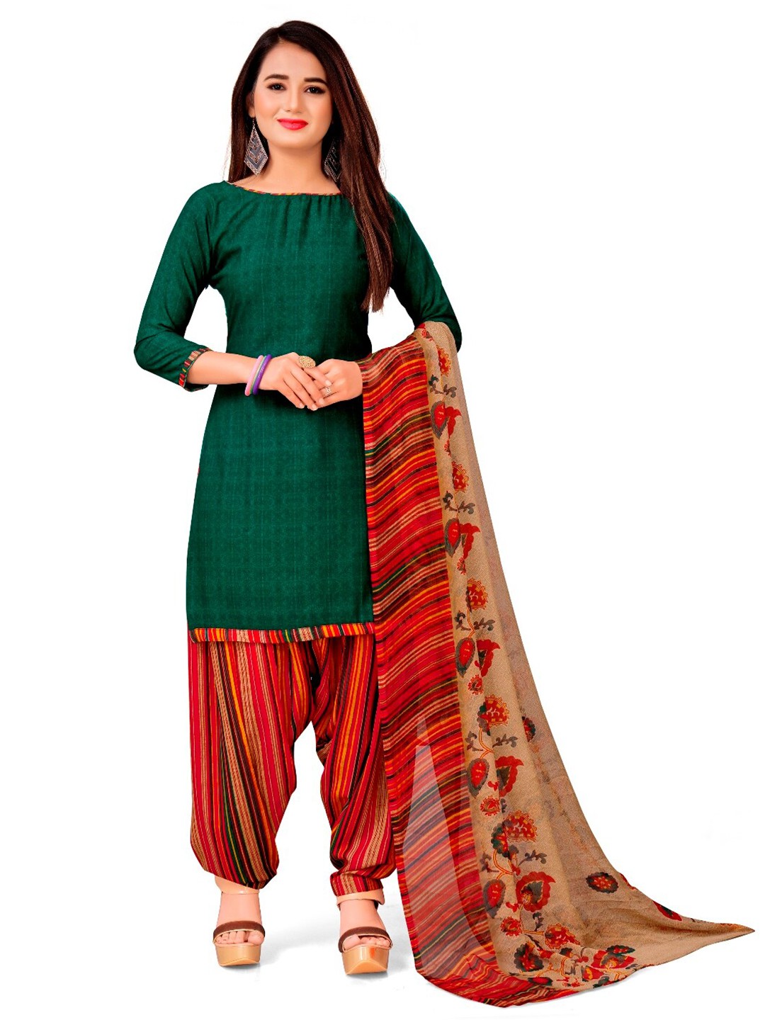 

INDIAN HERITAGE Geometric Printed Unstitched Dress Material, Green