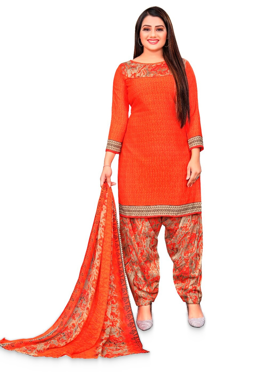 

INDIAN HERITAGE Printed Unstitched Dress Material, Orange