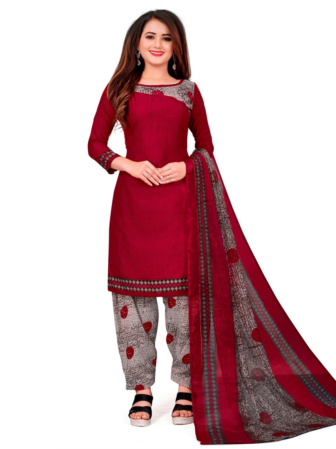

INDIAN HERITAGE Printed Unstitched Dress Material, Red