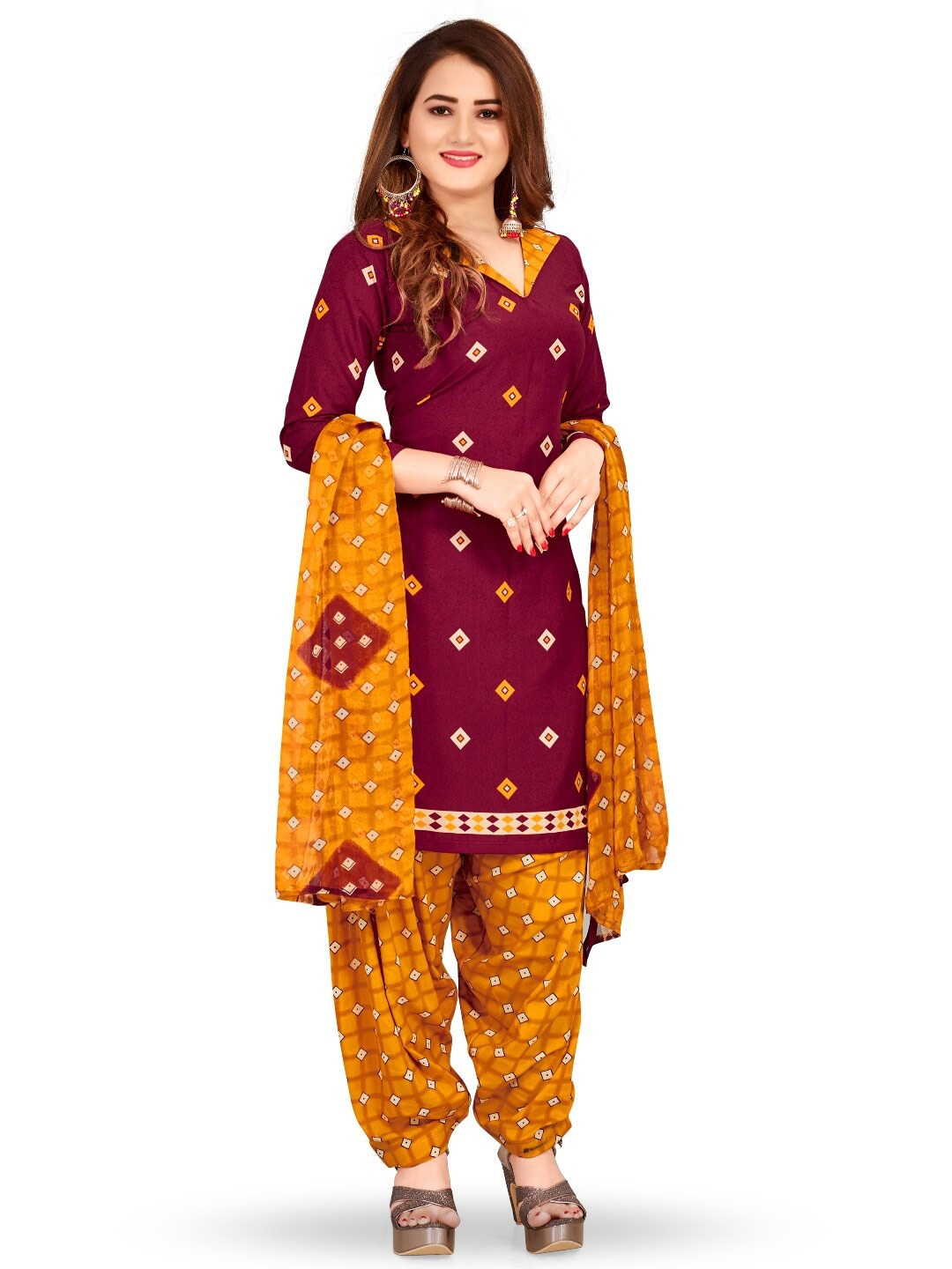 

INDIAN HERITAGE Printed Unstitched Dress Material, Maroon