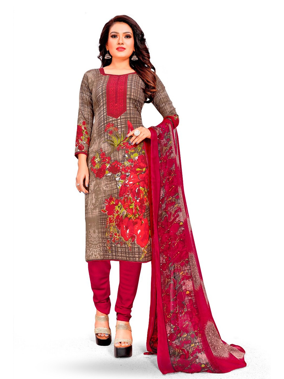 

INDIAN HERITAGE Printed Unstitched Dress Material, Brown