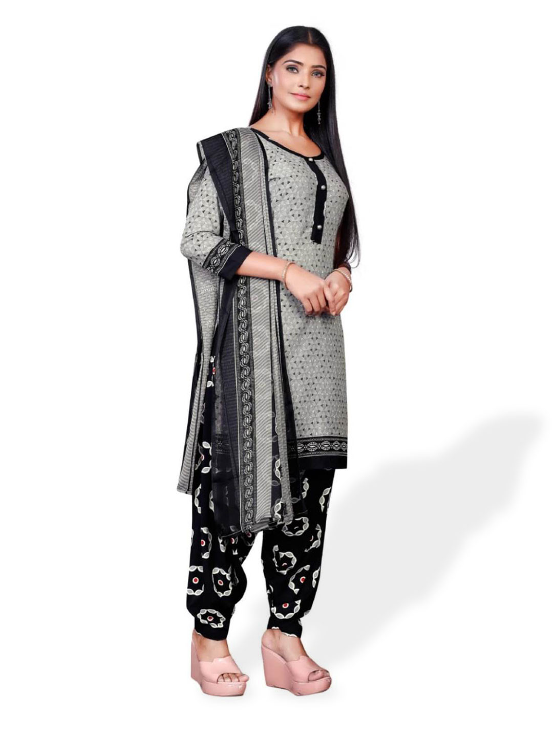 

INDIAN HERITAGE Geometric Printed Unstitched Dress Material, Grey