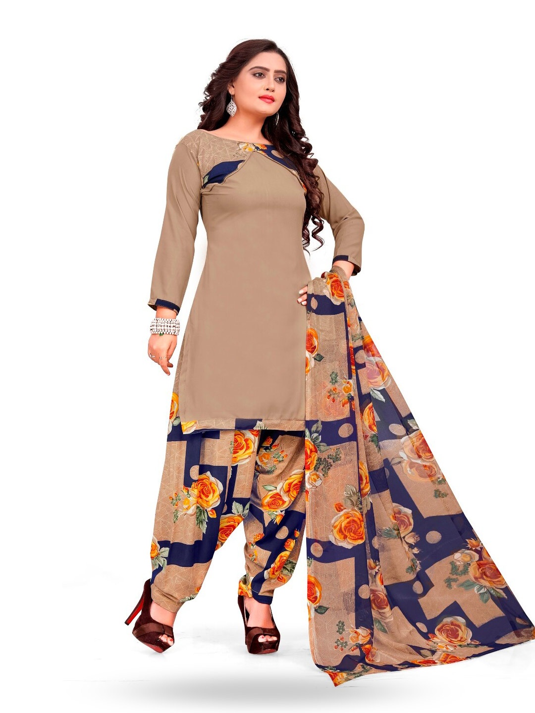 

INDIAN HERITAGE Floral Printed Unstitched Dress Material, Beige