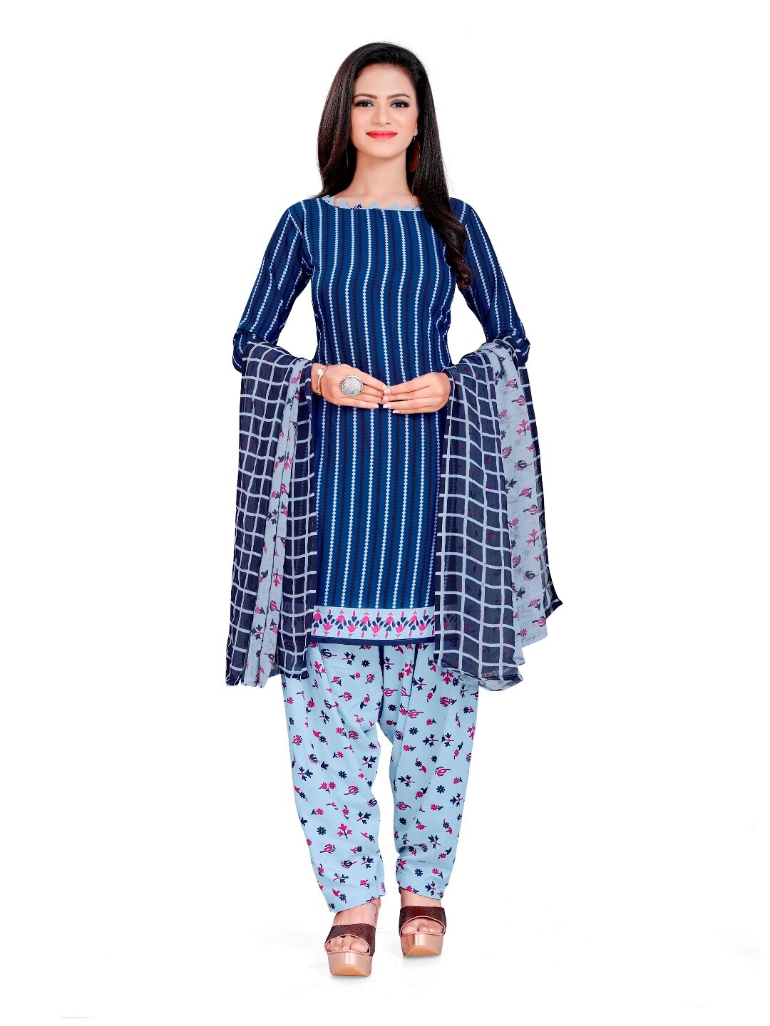

INDIAN HERITAGE Printed Unstitched Dress Material, Navy blue