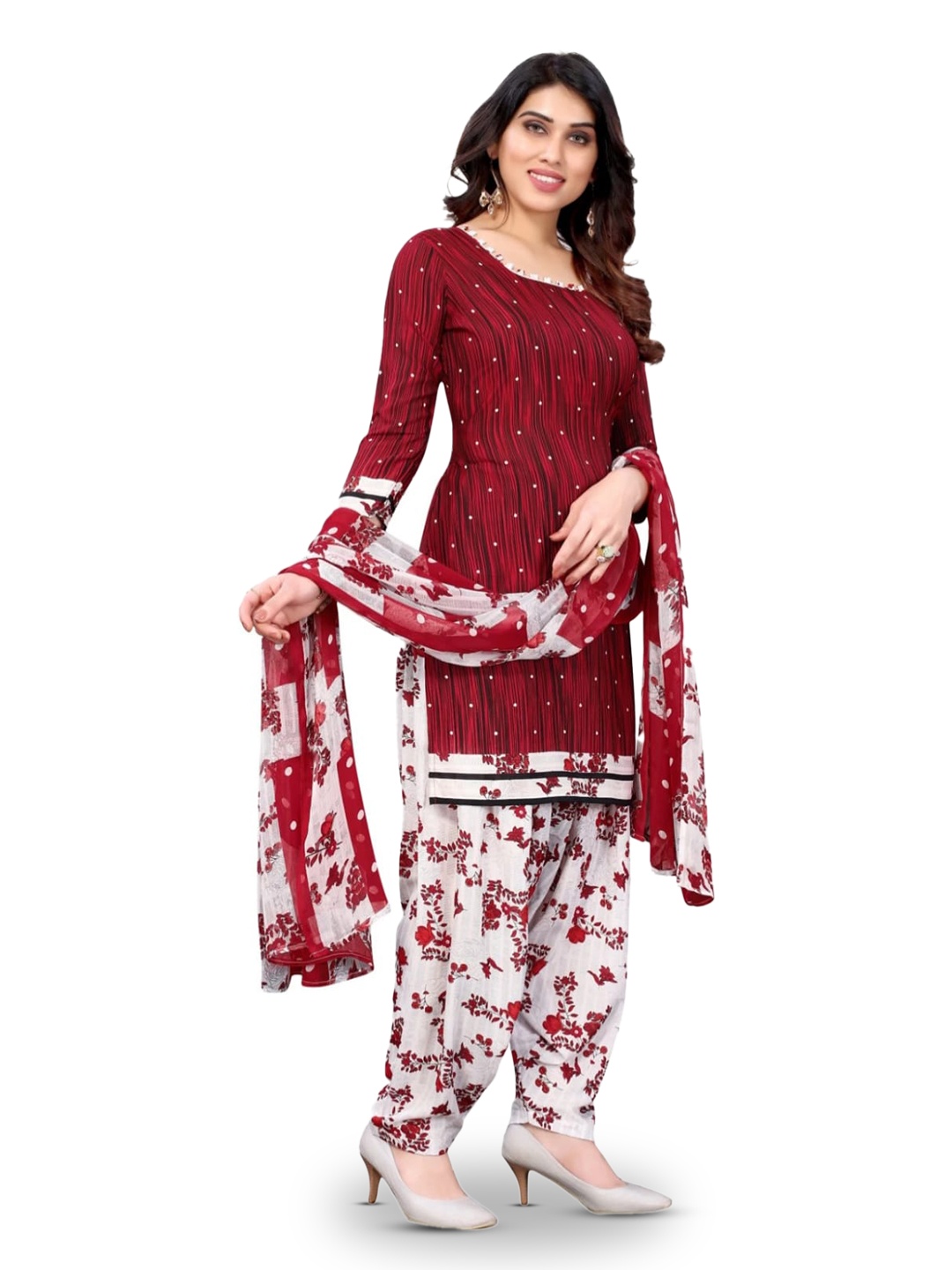 

INDIAN HERITAGE Maroon & White Printed Unstitched Dress Material