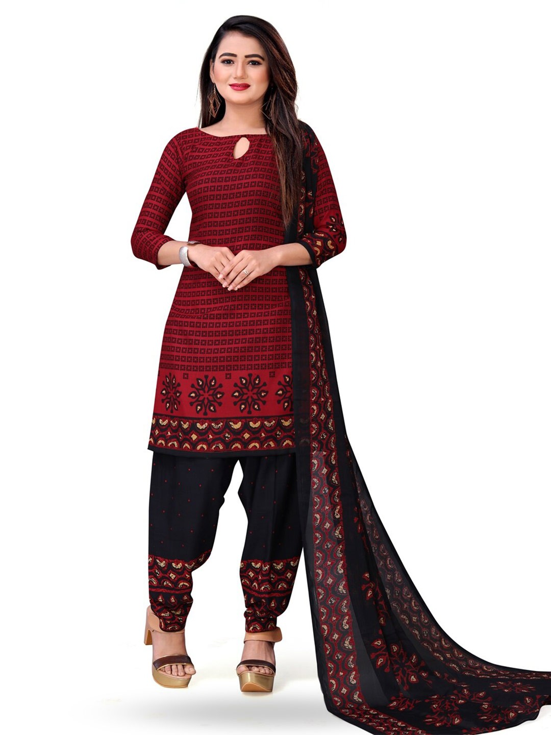 

INDIAN HERITAGE Geometric Printed Unstitched Dress Material, Red
