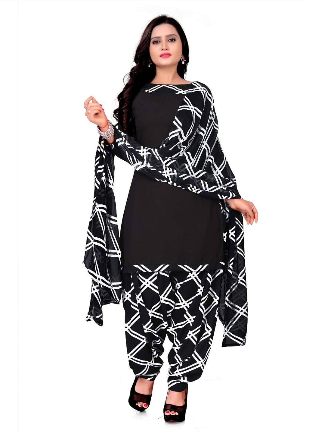 

INDIAN HERITAGE Geometric Printed Unstitched Dress Material, Black