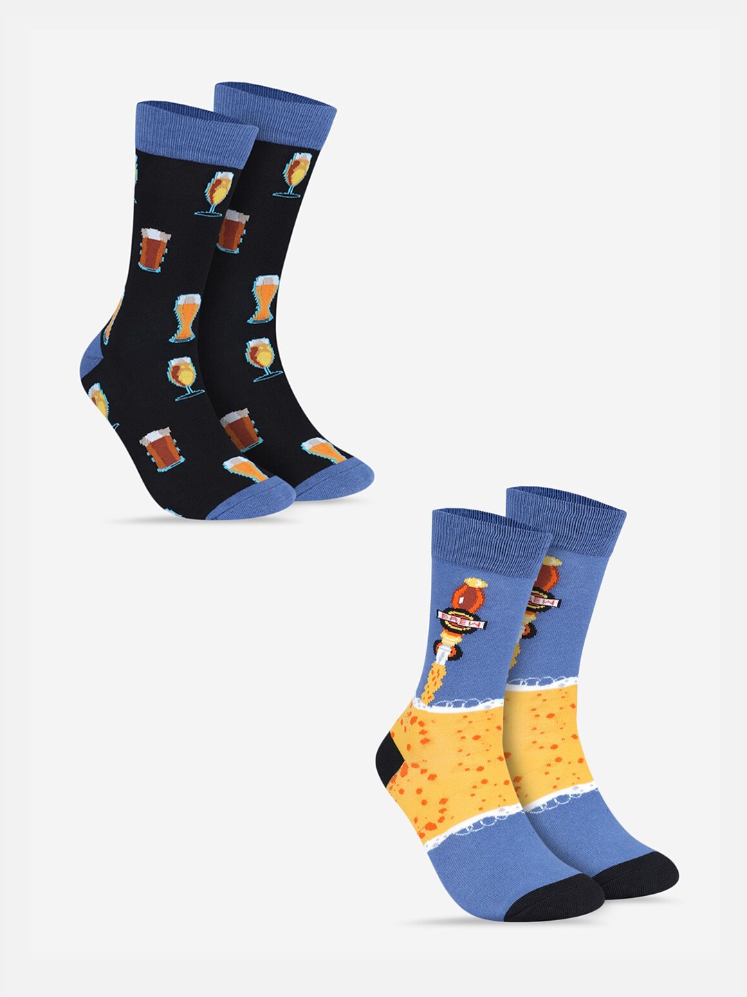 TOFFCRAFT Men Pack Of 2 Patterned Calf Length Cotton Socks, Blue