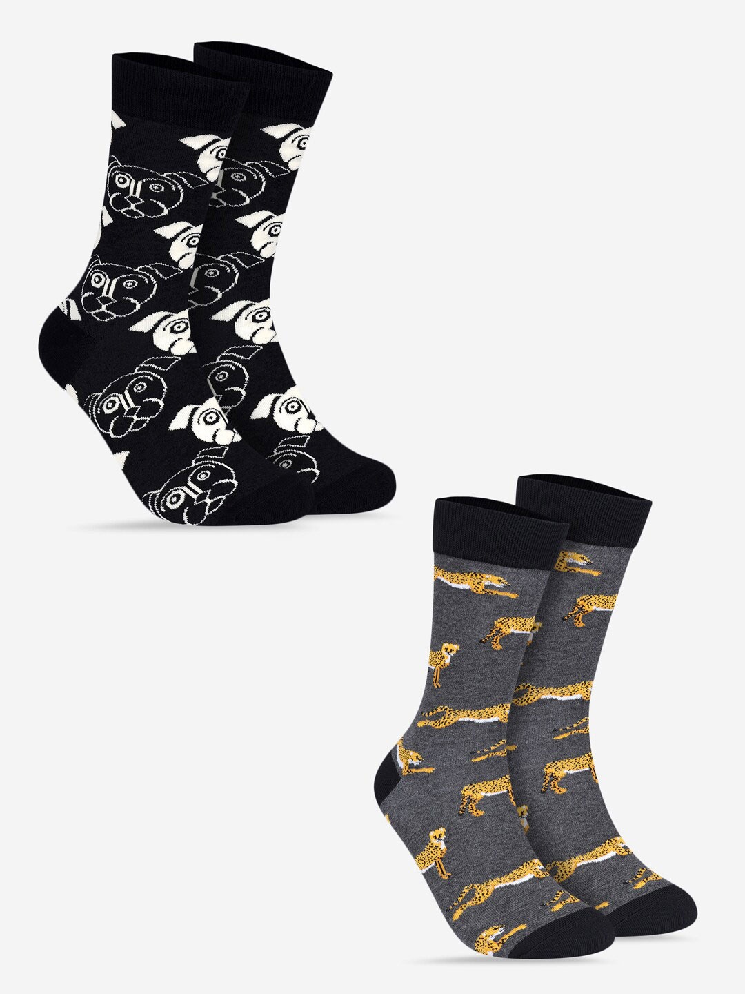 

TOFFCRAFT Men Pack Of 2 Patterned Cotton Calf-Length Socks, Black
