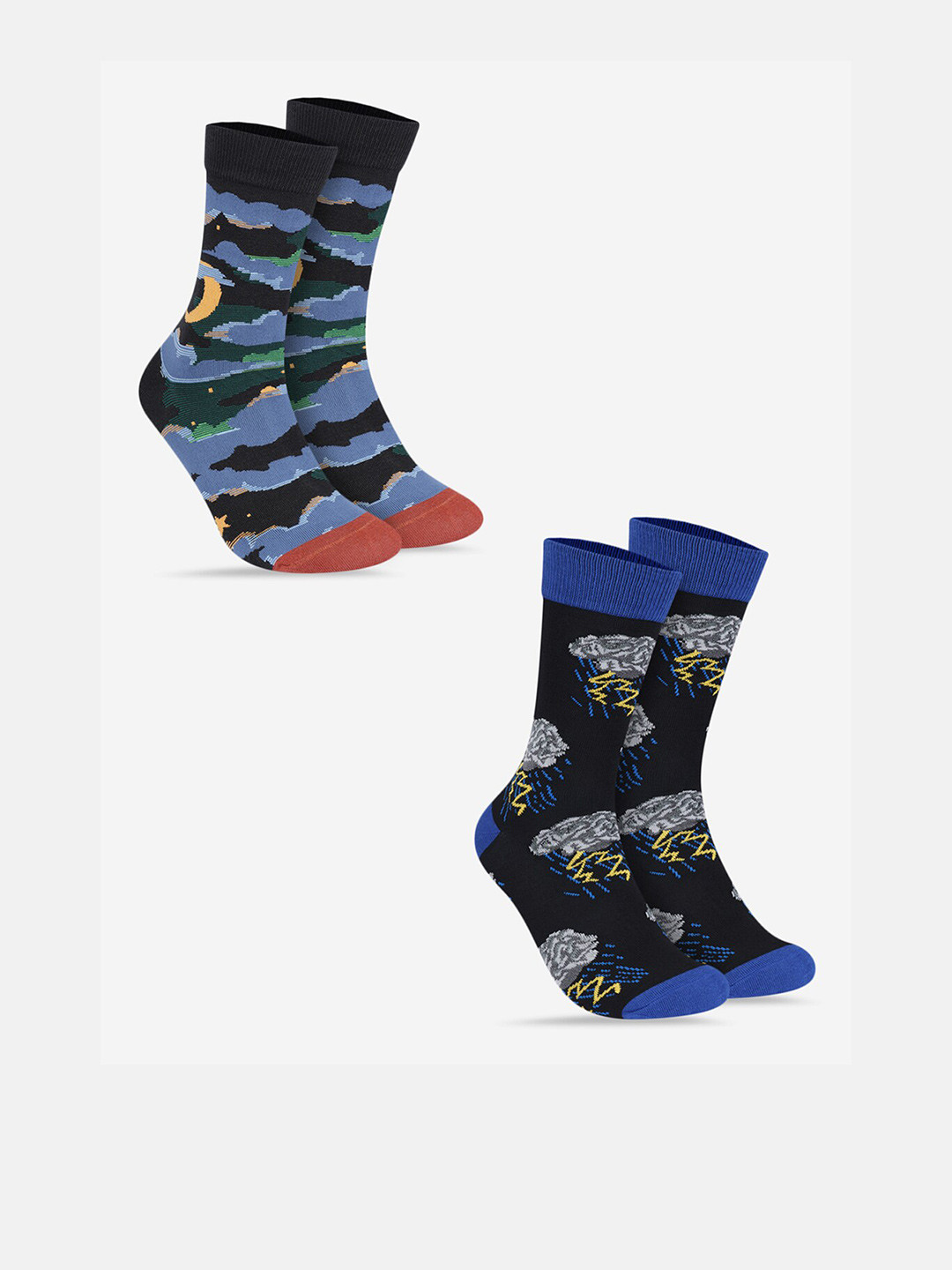 

TOFFCRAFT Men Pack Of 2 Patterned Cotton Calf-Length Socks, Blue